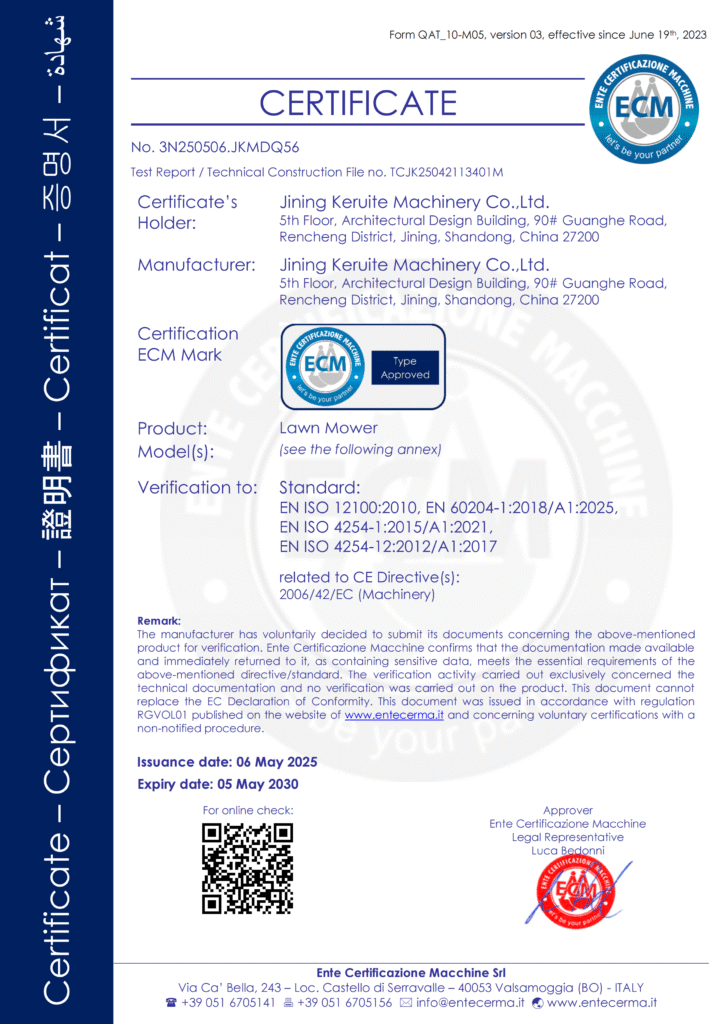 CE Certificate Issued by ENTE CERTIFICAZIONE MACCHINE